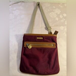 Michael Kors Wine Nylon Crossbody with Tan Trim and Gold Hardware